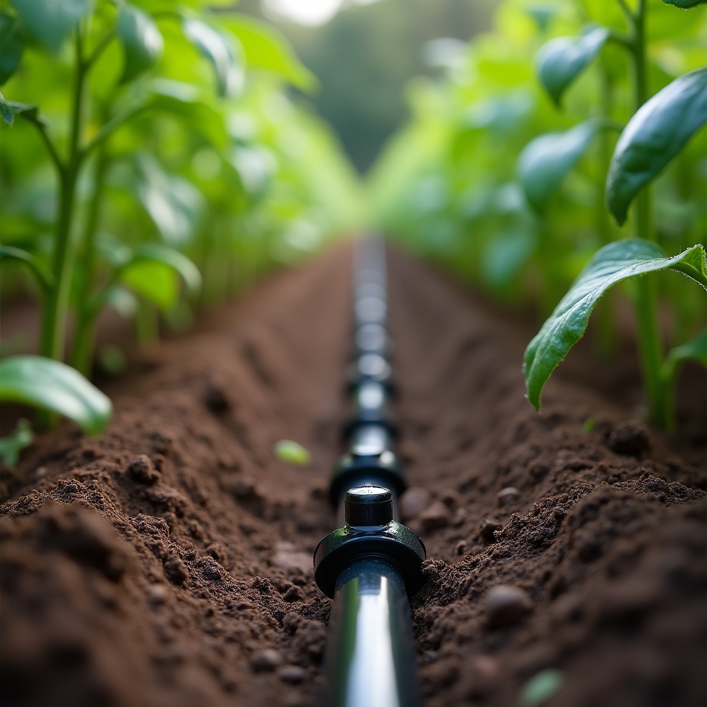 Detaliu sistem de irigare prin picurare pe rânduri de legume